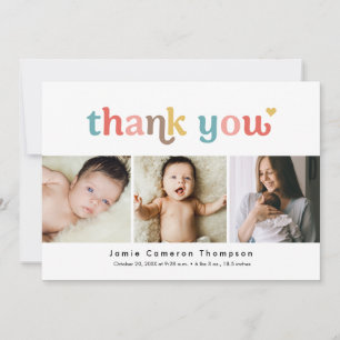 Tarjeta De Agradecimiento Típografía colorida para Baby Shower moderno con 3