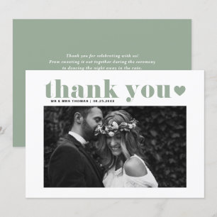 Tarjeta De Agradecimiento Tipografía retro negrita Sage Green Photo Boda
