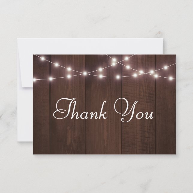 Tarjeta De Agradecimiento Tipografía Rústica Boda Luces Madera (Anverso)