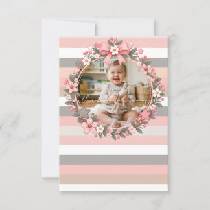 Tarjeta De Agradecimiento Tiras Florales Grises Rosa Foto Baby Shower
