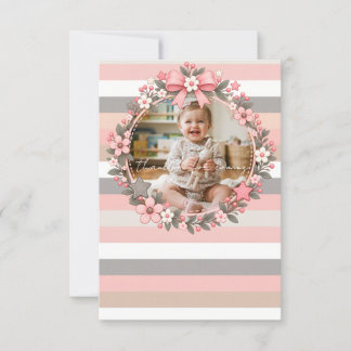 Tarjeta De Agradecimiento Tiras Florales Grises Rosa Foto Baby Shower