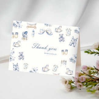 Tarjeta De Agradecimiento Toile De Jouy Baby Shower Lazo Azul Niño