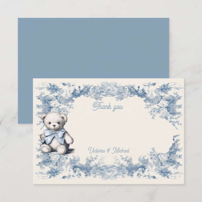 Tarjeta De Agradecimiento Toile Floral Teddy Bear (Anverso / Reverso)