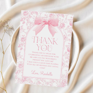 Tarjeta De Agradecimiento Toile Pink Bow Chinoiserie Chica Cumpleaños