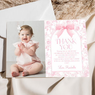 Tarjeta De Agradecimiento Toile Pink Bow Chinoiserie Chica de cumpleaños Fot