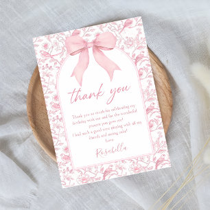 Tarjeta De Agradecimiento Toile Pink Bow Chinoiserie Cumpleaños Floral