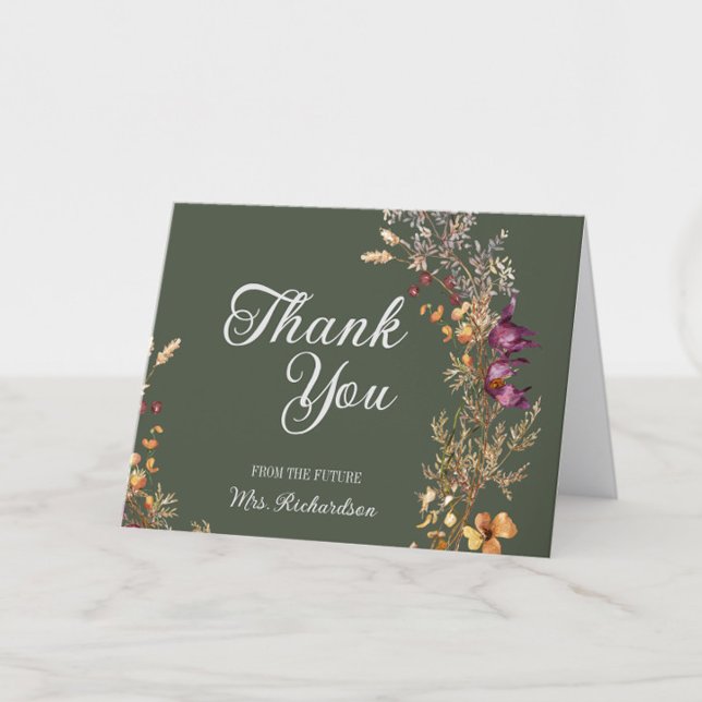 Tarjeta De Agradecimiento Toldo de Ducha Floral Boho Otoñal para Despedida d (Fall Bridal Shower Thank You Cards from the Future Mrs., Green Wildflower Floral, Autumn Flowers)