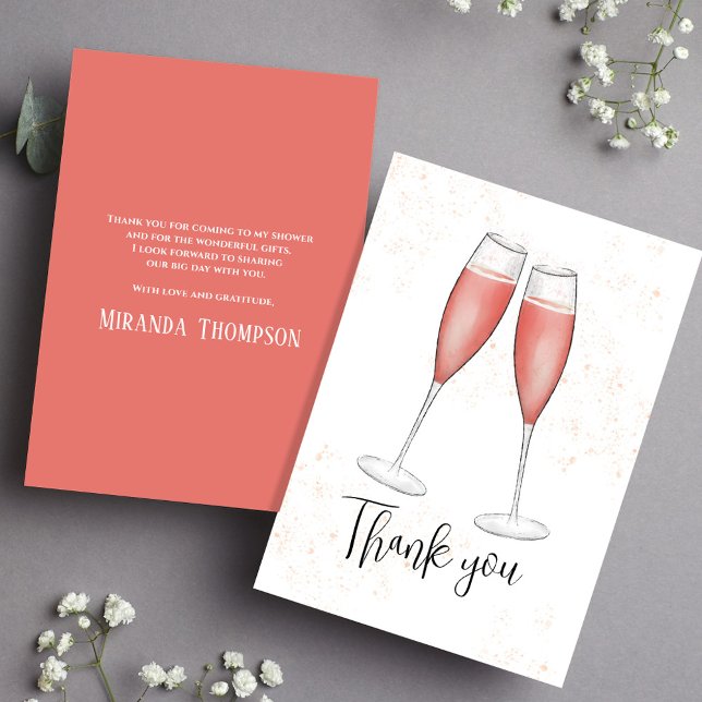 Tarjeta De Agradecimiento Tono Rosa Bridal Shower Aquarela Champán (Thank you pink champagne card, with a custom message on the back. )