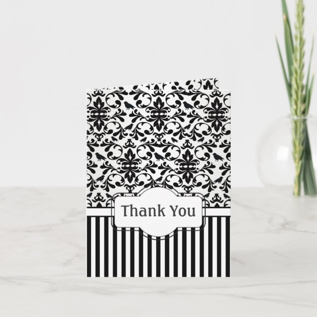 Tarjeta De Agradecimiento Torbellino blanco y negro Damask, pájaros Gracias (Anverso)