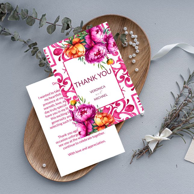 Tarjeta De Agradecimiento Torneo naranjas de baldosas de Fuchsia Majolica (Fuchsia Majolica tiles orange peonies Thank You Card wedding thank you cards bridal shower thank you)