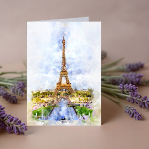 Tarjeta De Agradecimiento Torre Eiffel al atardecer París acuarela francesa
