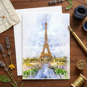 Tarjeta De Agradecimiento Torre Eiffel Atardecer París Acuarela Francesa