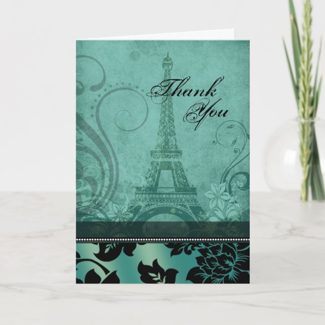 Tarjeta De Agradecimiento Torre Eiffel de Fleur de París | Gracias verde azu (Anverso)