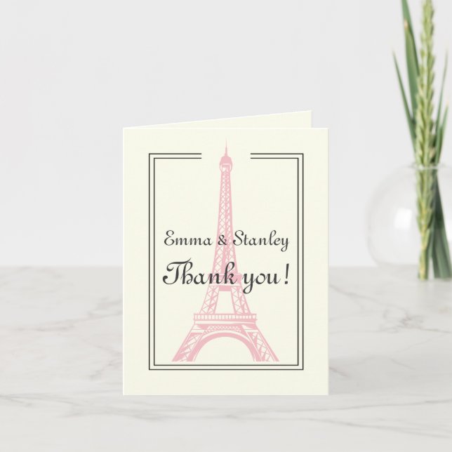 Tarjeta De Agradecimiento Torre Eiffel rosa boda de París marfil Agradecido (Anverso)