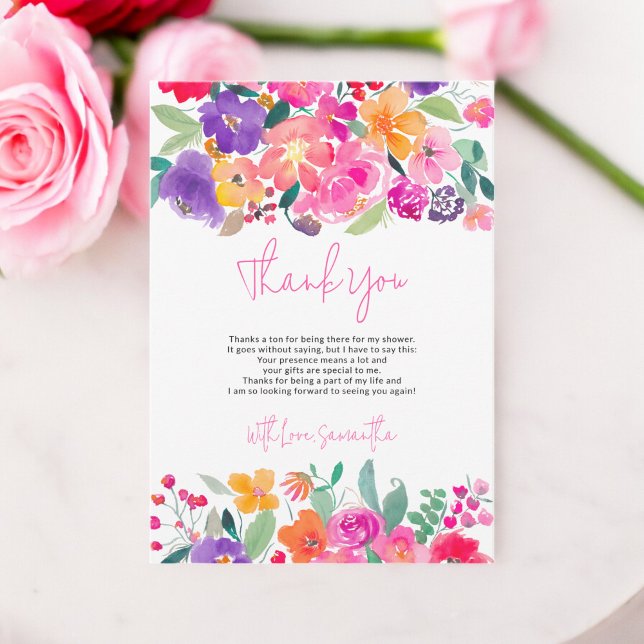 Tarjeta De Agradecimiento Tórrido shower nupcial en acuarela de flores rosad (Bold bright pink floral watercolor bridal shower thank you card)