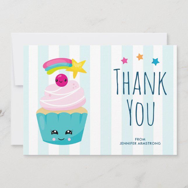 Tarjeta De Agradecimiento Torta azul dulce con cara de Kawaii gracias (Anverso)