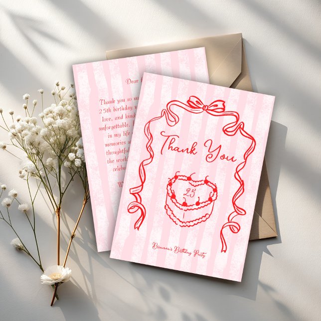 Tarjeta De Agradecimiento Torta de cereza coqueta rosa fiesta de cumpleaños (Cherry cake pink coquette handrawn sketch bow birthday party thank you cards)