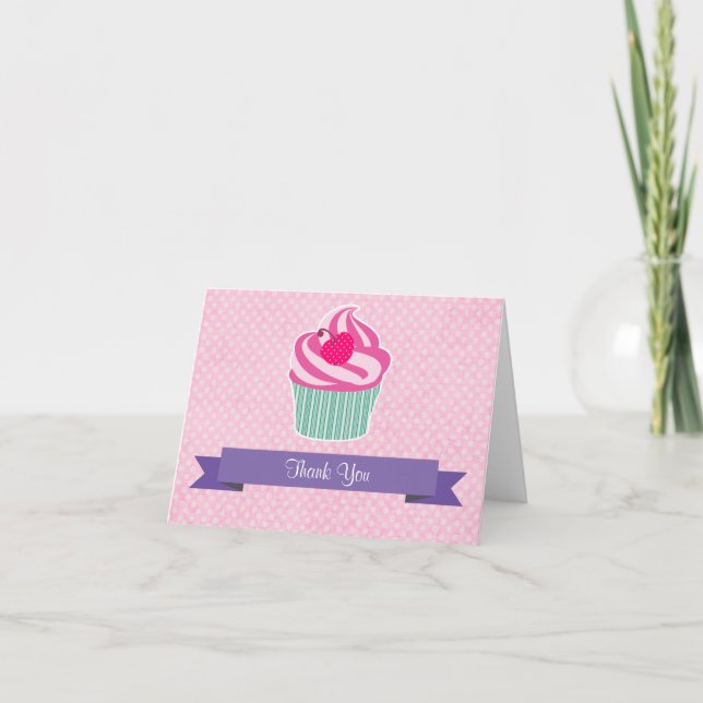 Tarjeta De Agradecimiento Torta rosa con cereza de polka (Anverso)
