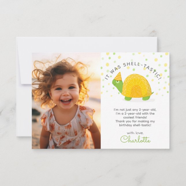 Tarjeta De Agradecimiento Tortoise, amarillo verde, foto de cumpleaños de un (Anverso)