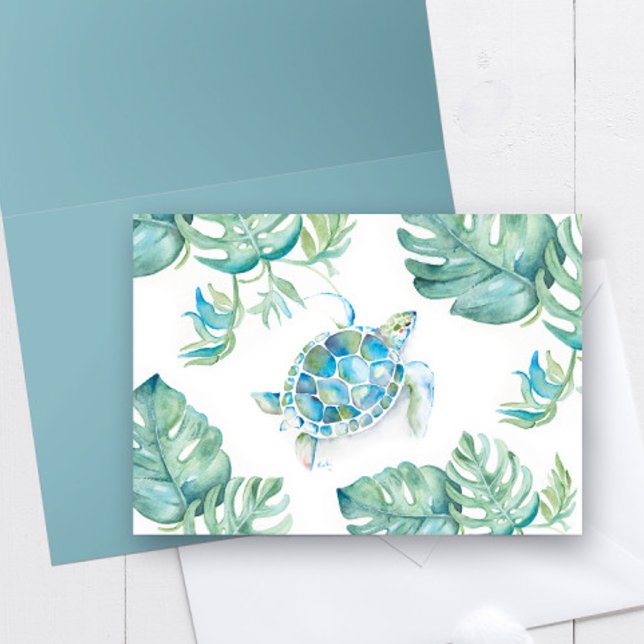 Tarjeta De Agradecimiento Tortuga acuática con hojas de palmera de Monstera (Tropical thank you notes features watercolor sea turtle and Palm Leaf art by Victoria Grigaliunas)