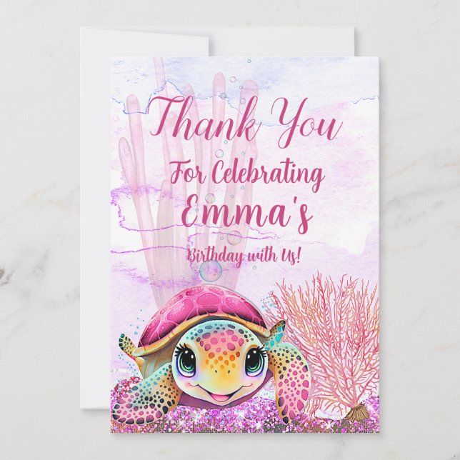 Tarjeta De Agradecimiento Tortuga, cuarto cumpleaños, bajo el mar (Anverso)