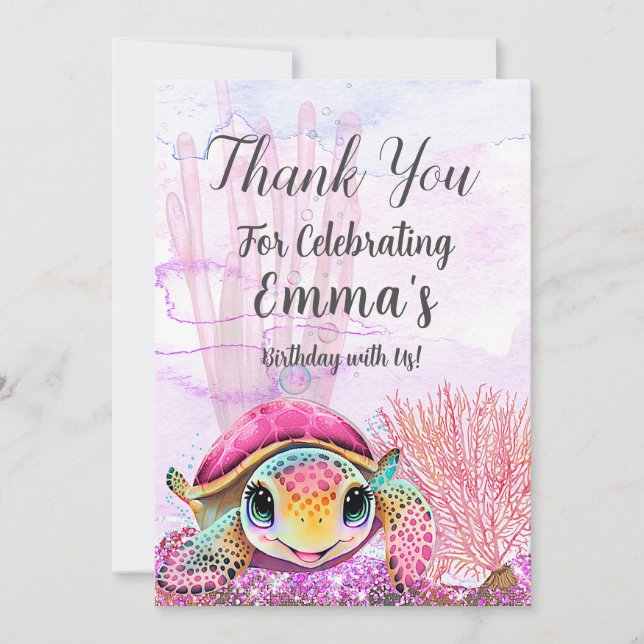 Tarjeta De Agradecimiento Tortuga, cuarto cumpleaños, bajo el mar (Anverso)