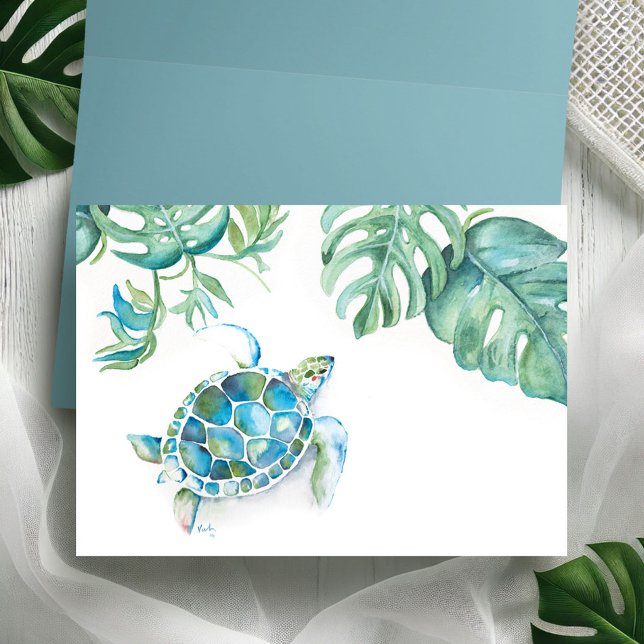 Tarjeta De Agradecimiento Tortuga marina tropical en blanco dentro de la acu (Sea turtle palm leaf folded notecard watercolor art by Victoria Grigaliunas Do Tell A Belle)