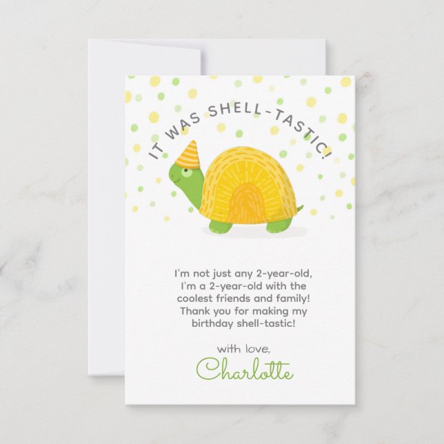 Tarjeta De Agradecimiento Tortuga, verde amarillo, cumpleaños infantil (Anverso)