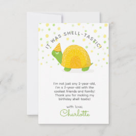 Tarjeta De Agradecimiento Tortuga, verde amarillo, cumpleaños infantil