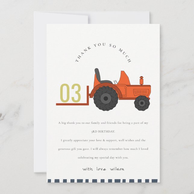 Tarjeta De Agradecimiento Tractor Cute Rojo Óxido Granja Cumpleaños Niños Cu (Anverso)
