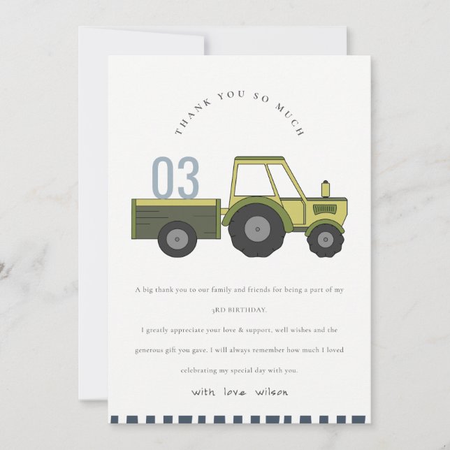 Tarjeta De Agradecimiento Tractor de granja azul verde lindo cumpleaños para (Anverso)
