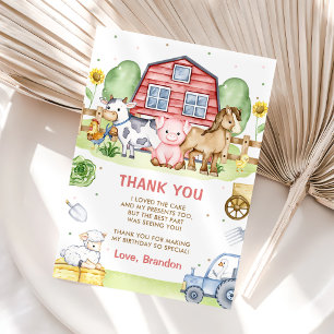 Tarjeta De Agradecimiento Tractor Farm Animals 1er cumpleaños