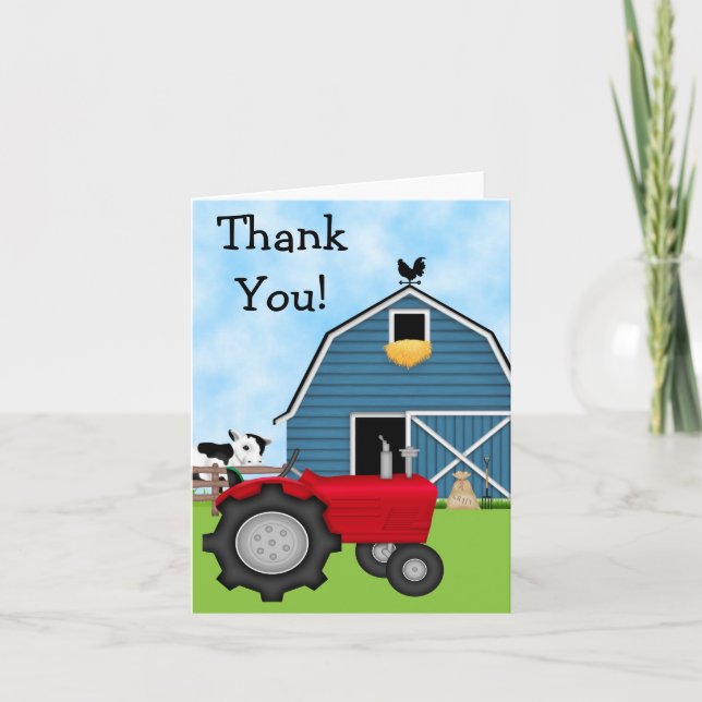 Tarjeta De Agradecimiento Tractor Rojo y Barn Azul Gracias (Anverso)