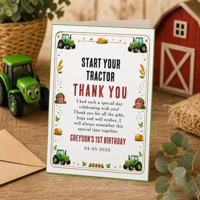 Tarjeta De Agradecimiento Tractor Verde Rústico Granja Primer Año Boleto Aba (Rustic Green Tractor Farm First Year Down Ticket Thank You Card
)