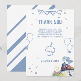 Tarjeta De Agradecimiento Train Blue Balloons Boy Whimsical Baby Shower