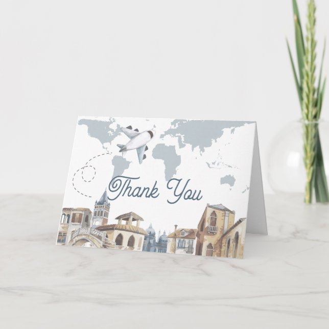 Tarjeta De Agradecimiento Travel Adventure World Map Airplane Baby Shower  (Anverso)