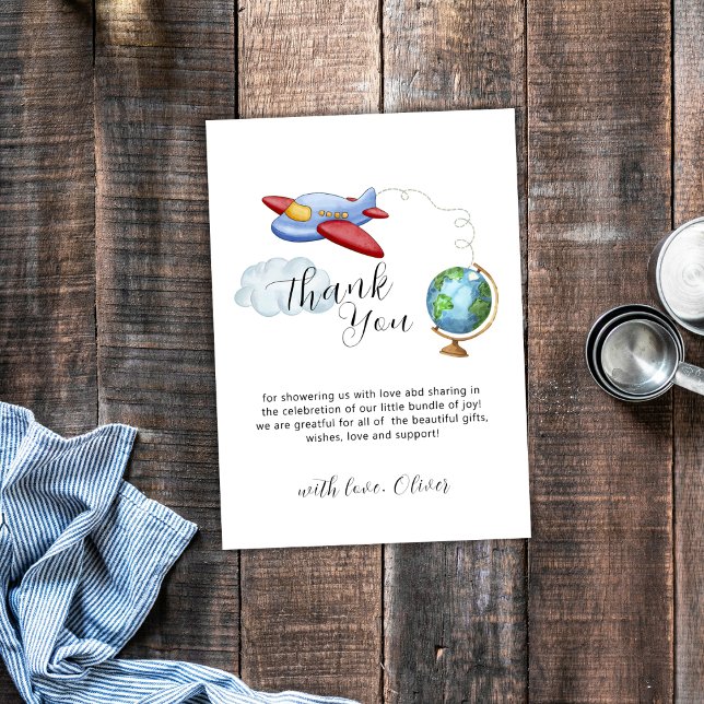 Tarjeta De Agradecimiento Travel Around The World Map Airplane Baby Shower (Travel Around The World Map Airplane Baby Shower Thank You Card)