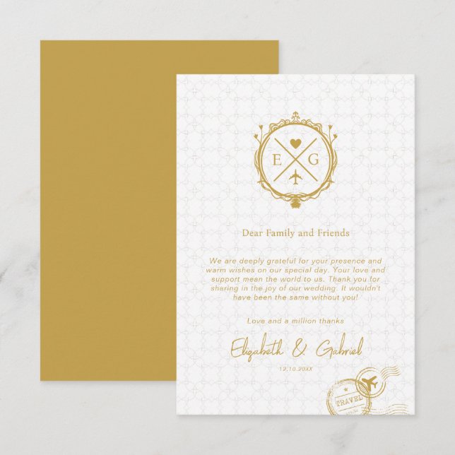 Tarjeta De Agradecimiento Travel Destination Wedding Gold (Anverso / Reverso)