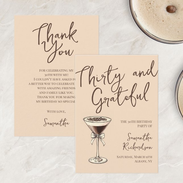 Tarjeta De Agradecimiento Treinta y agradecida Cóctel Espresso 30 cumpleaños (Thirty & Grateful Espresso Cocktail 30th Birthday Thank You Card)