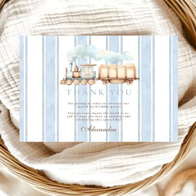 Tarjeta De Agradecimiento Tren azul vintage Primer cumpleaños (Subido por el creador)