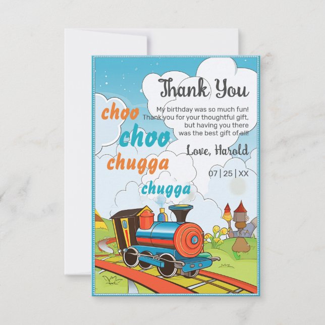 Tarjeta De Agradecimiento Tren Choo Choo Niños Entrada de Tren Lindo Cumplea (Anverso)