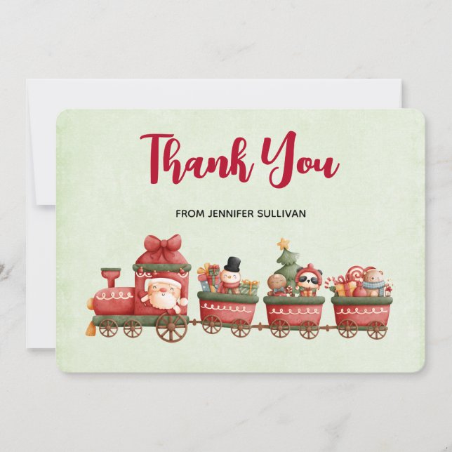 Tarjeta De Agradecimiento Tren navideño bonito con juguetes gracias (Anverso)