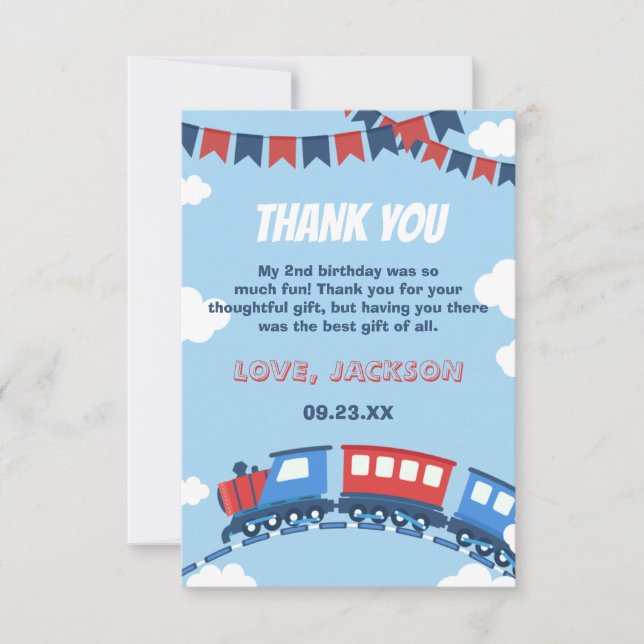 Tarjeta De Agradecimiento Tren niños Chugga Dos Banderas Azul Rojo Cumpleaño (Anverso)