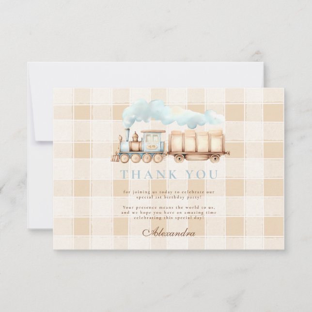 Tarjeta De Agradecimiento Tren Vintage cumple 1 año (Anverso)