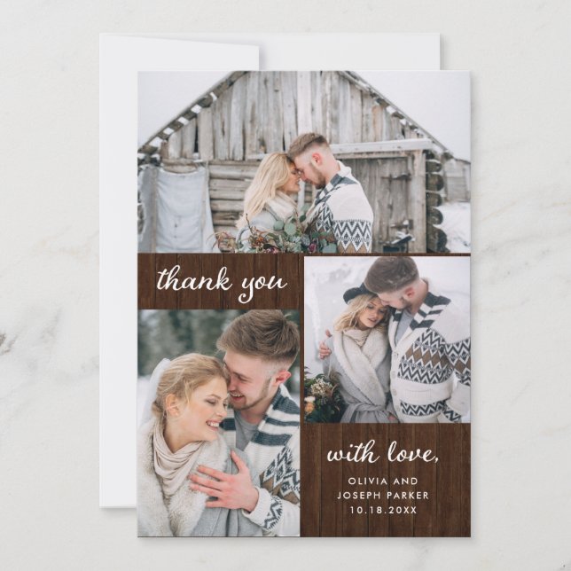 Tarjeta De Agradecimiento Tres fotos de aspecto de madera rústica| Boda (Anverso)