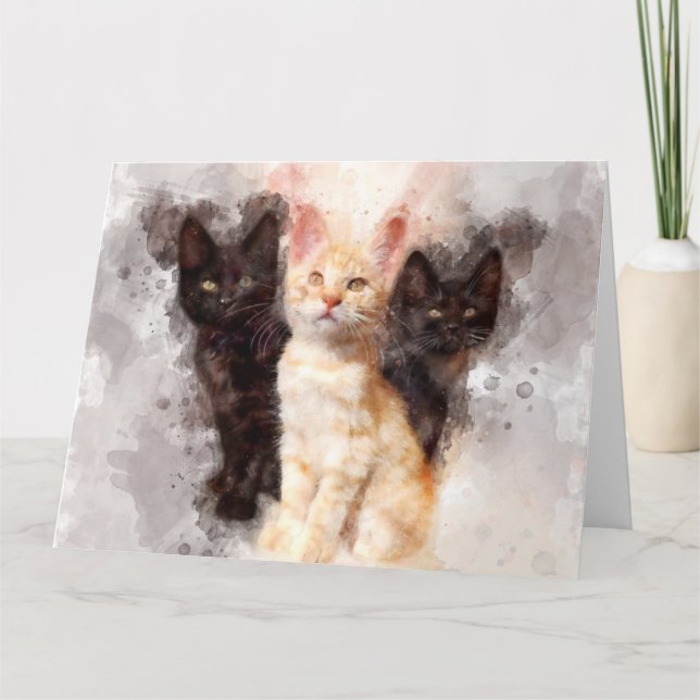 Tarjeta De Agradecimiento Tres gatitos adorables y hermosas acuarelas (Anverso)