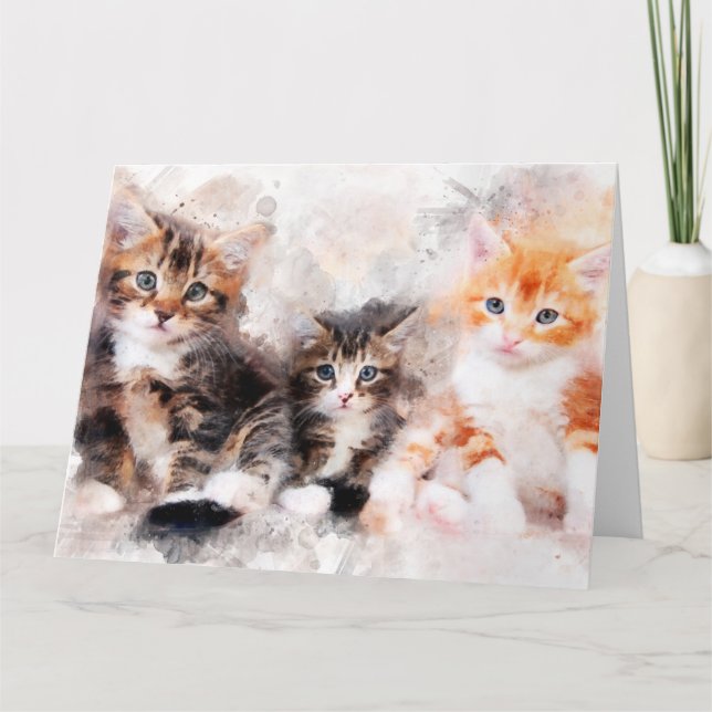 Tarjeta De Agradecimiento Tres hermosos y lindos gatitos acuarela (Anverso)
