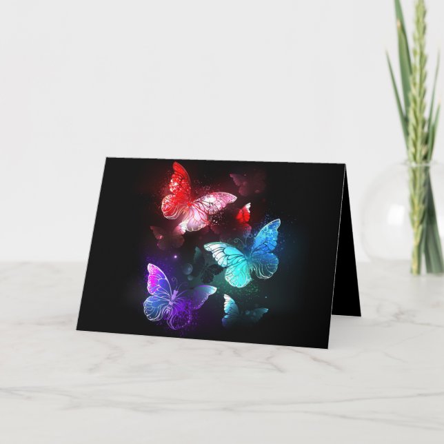 Tarjeta De Agradecimiento Tres mariposas brillantes en el fondo nocturno (Anverso)
