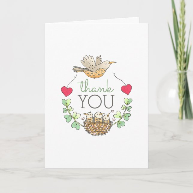 Tarjeta De Agradecimiento Triplets Baby Shower Bird (Anverso)