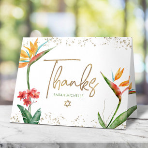 Tarjeta De Agradecimiento Tropical Bat Mitzvah Acuarela Floral Escritura Dor